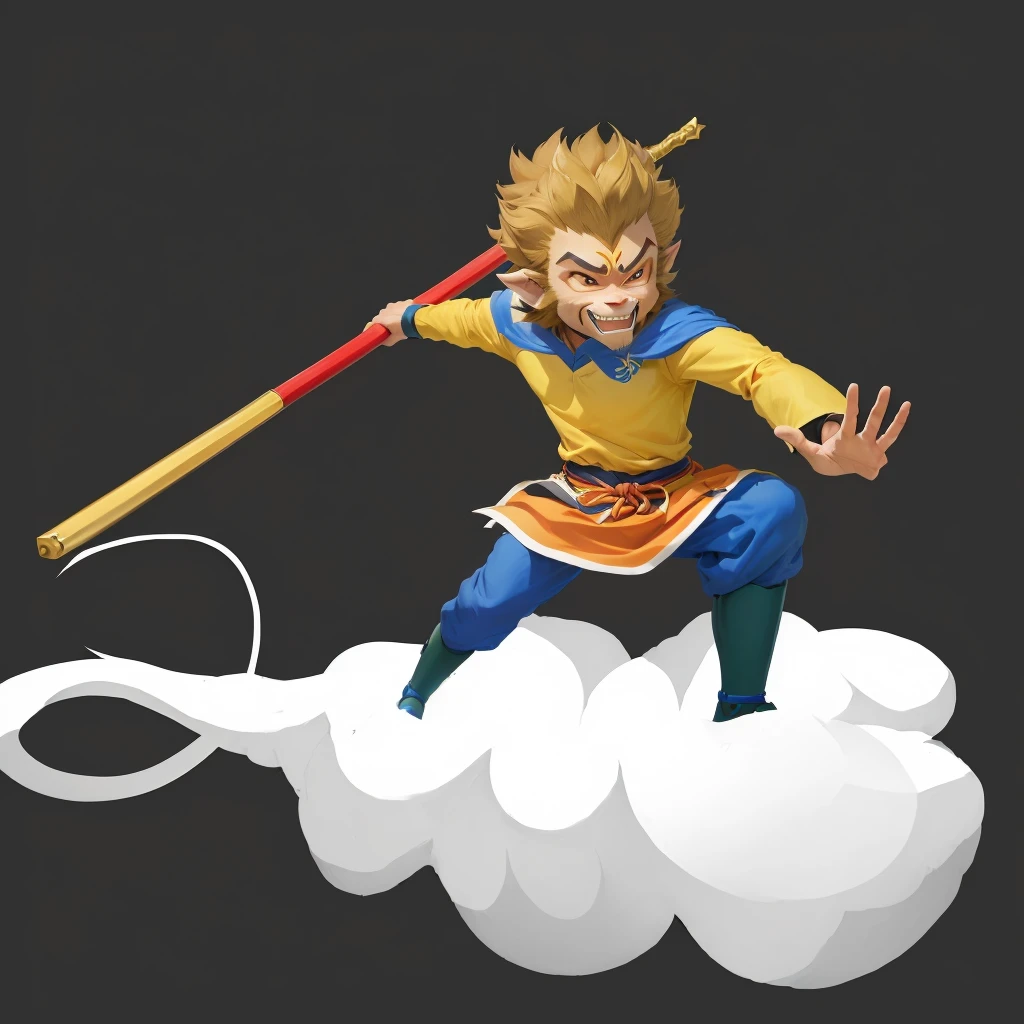 Cartoon image of a man in a shirt holding a pole, sun Wukong, Sun Wukong, Wukong, Smart monkey with long knife, Akira in Chinese mythology, Journey to the West. Pop Art, Journey to the West, Legendary god holding a spear, Humanoid monkey fantasy race, Ashura，From Chinese mythology, fighting game characters, The character is flying