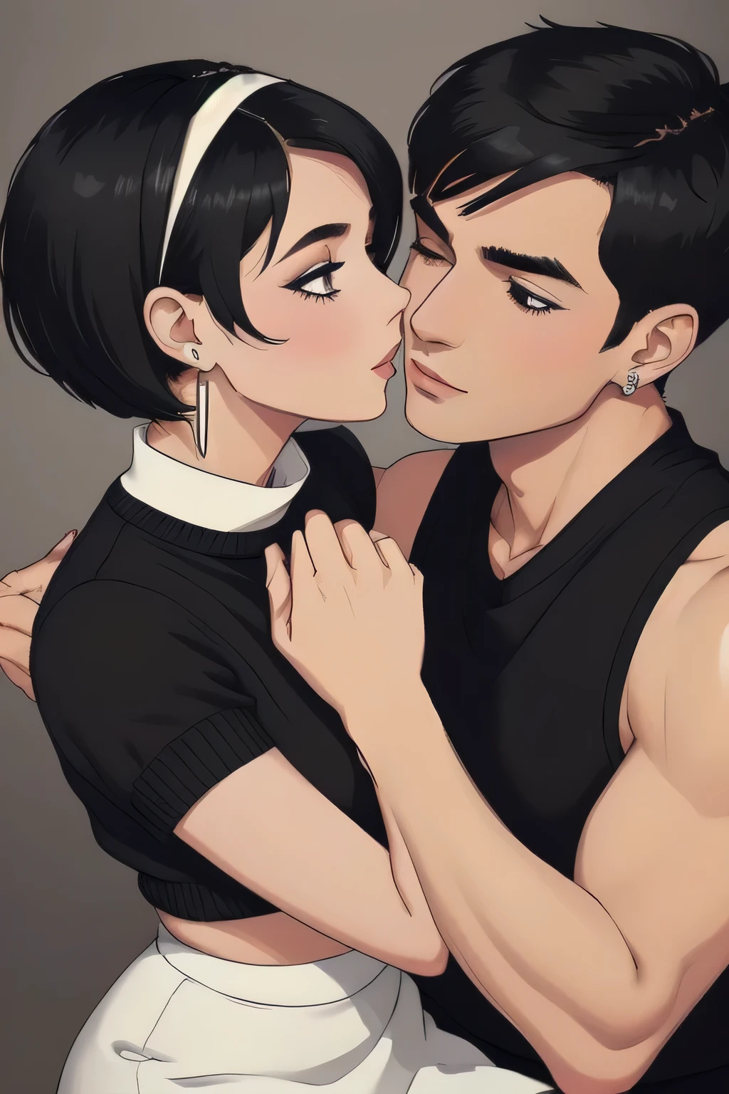 Amazing portrait of a sexy woman wearing her short black hair in a bob with a white hairband and some elegant earrings and a black sleeveless sweater paired with a cream skirt kissing and making out passionately with a shirtless boy in an intimate setting