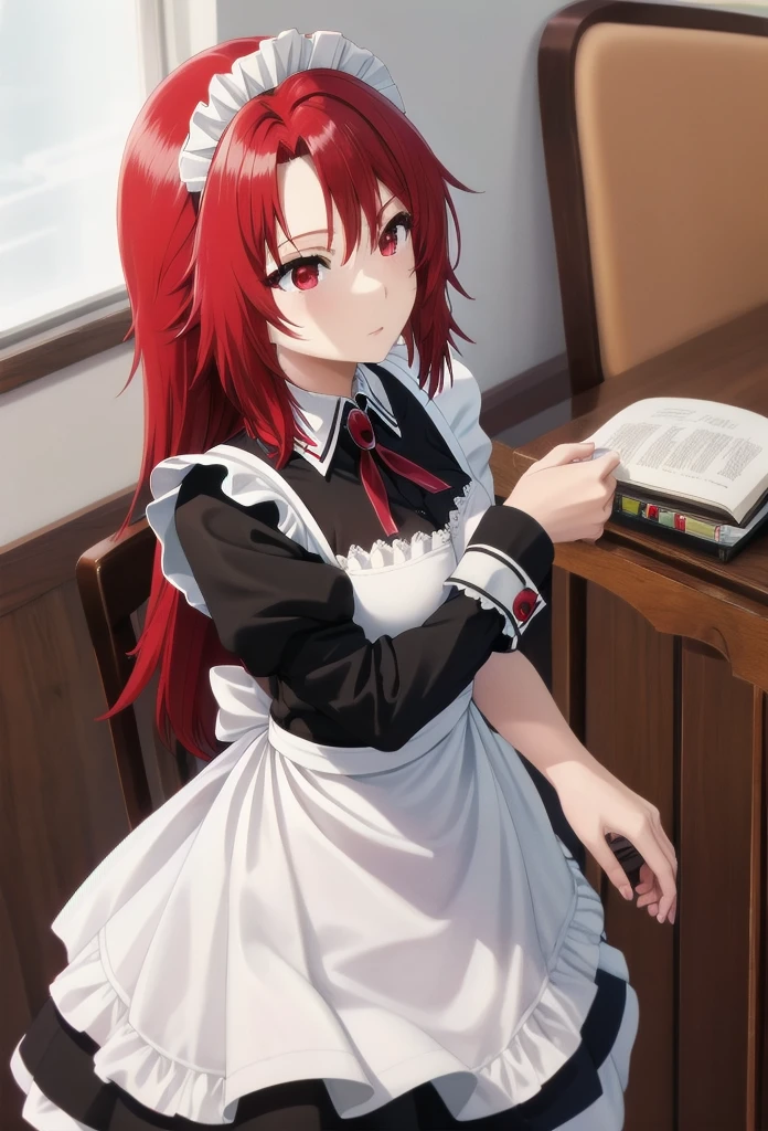 best quality, red hair,red eyes,masterpiece, highres, solo, (maid:1.40), (long maid dress:1.15), anime_style, 14
