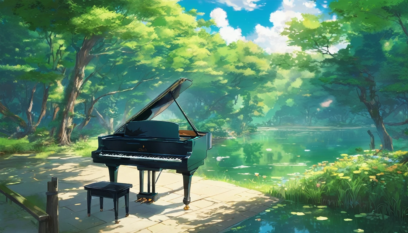 青い紅葉のwoodの下置かれた黒いグランドピアノ、wood々の間からwood漏れ日がキラキラしている、Makoto Shinkai-style anime touch、Deep green forest、1 grand piano