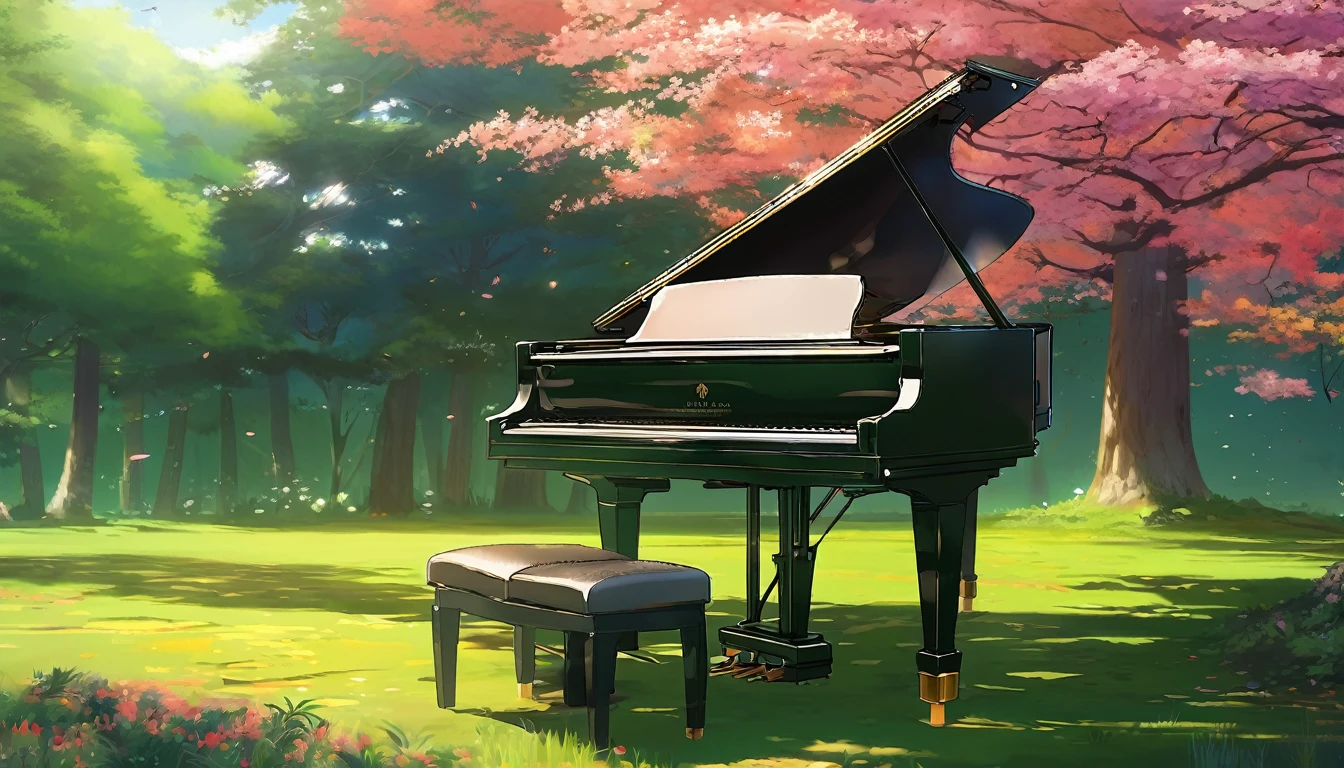 青い紅葉のwoodの下置かれた黒いグランドピアノ、wood々の間からwood漏れ日がキラキラしている、Makoto Shinkai-style anime touch、Deep green forest、1 grand piano