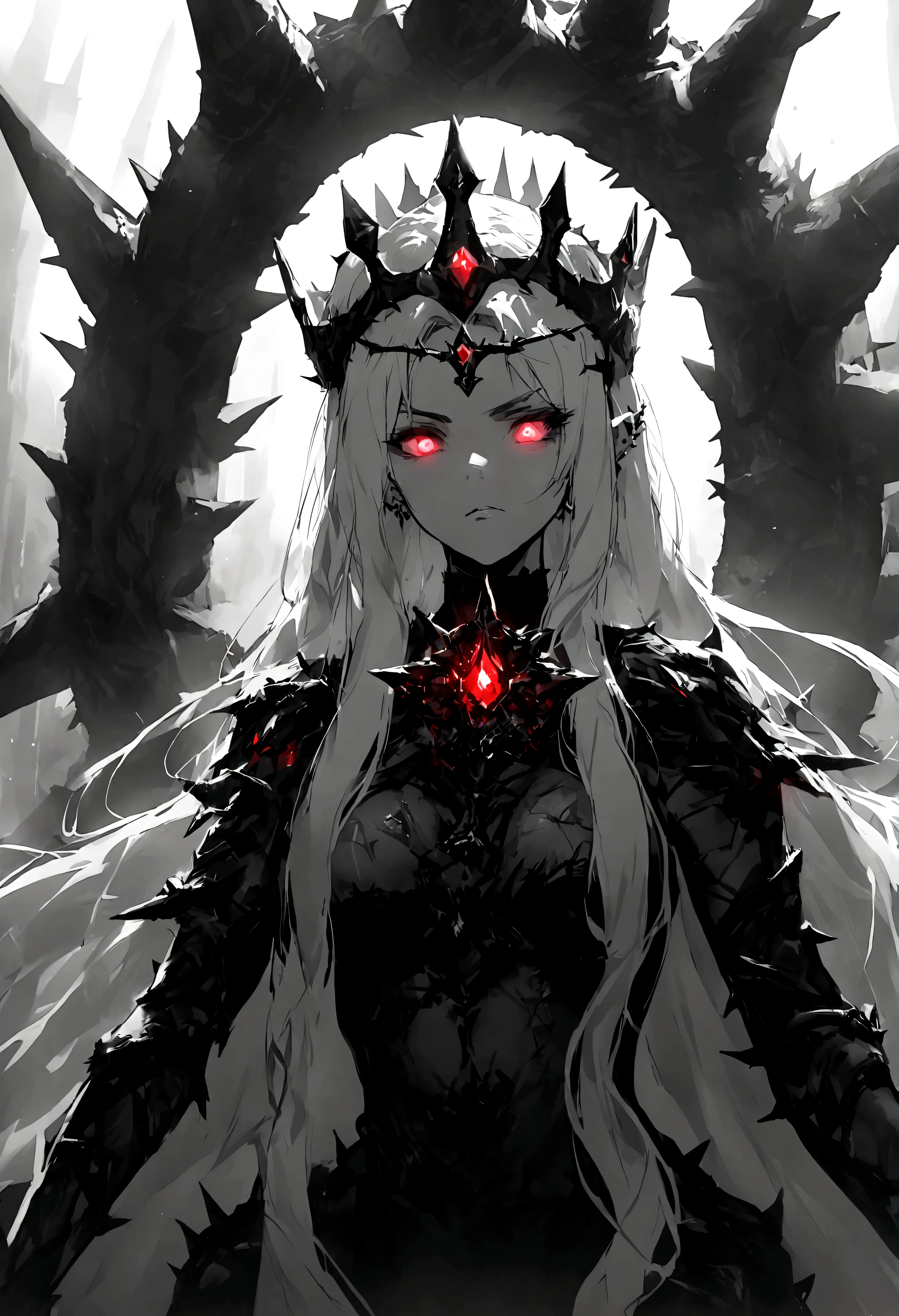 Thorns piercing the body,Long hair,Glowing eyes,Black and white,Crown of thorns,grace,Queen