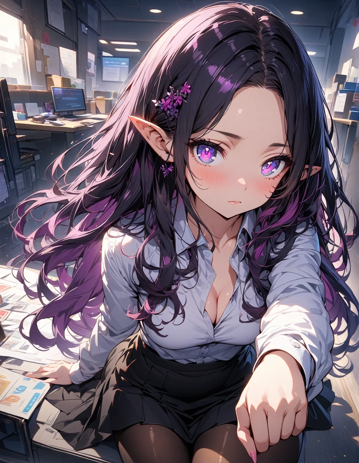 ((highest quality, masterpiece, ultra high definition, high resolution)), ((ultra-detailed illustrations:1.2)), 1 girl, solo, anime style, beautiful hair, parted bangs, loose hair, long hair, black hair, dark purple hair, multi colored hair, hair pin, beautiful detailed eyes, beautiful detailed pupils, violet eyes, looking at viewer, pointed ears, mid-chest, closed mouth, white shirt, collared shirt, long sleeves, black mini skirt, pantyhose, shiny skin, shiny, indoor, office