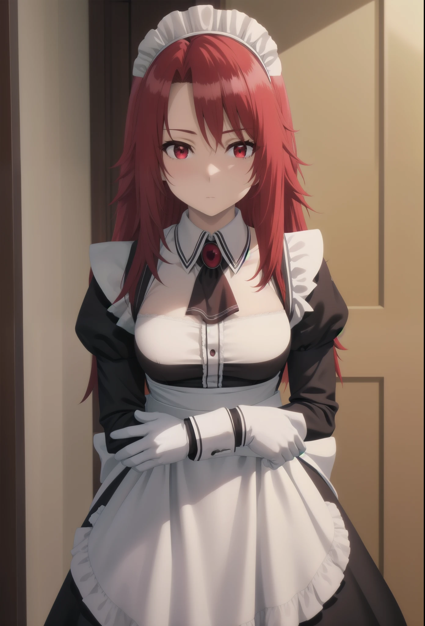 best quality, red hair,red eyes,masterpiece, highres, solo, (maid:1.40), (long maid dress:1.15), anime_style, 14