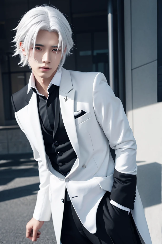 White hair, black suit, male, anime style