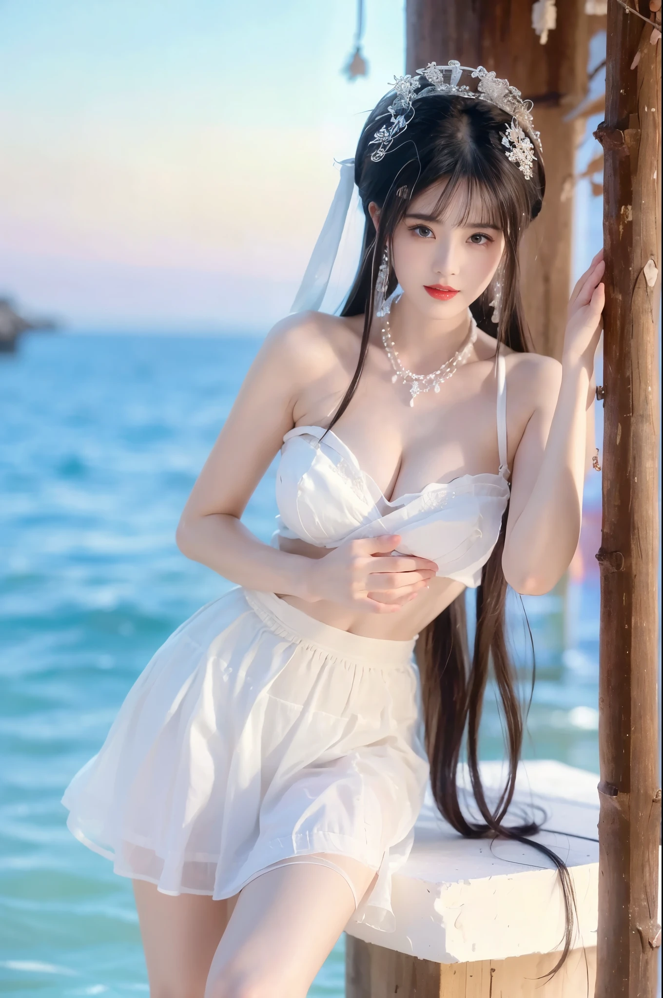 BAINV, Beauty, beautiful女人,Have a perfect body:1.4,Layered Hairstyle,Big breasts, Visible cleavage,Bare shoulders, Highly detailed face and skin texture,Double eyelids,Skin Whitening,Long hair,Whitening long legs,Standing by the sea, Fashion girl, Red lips, Sweet maiden, beautiful妆容, detail, lifelike, Very detailed, amazing, beautiful, Young and energetic, high quality,High Definition, rich and colorful,Exquisite, Smooth skin, The skirt is short, Lift the skirt with your hands, Elegant and charming posture, Official Art, Extremely detailed, Movie atmosphere, Soft colors, Natural skin texture,