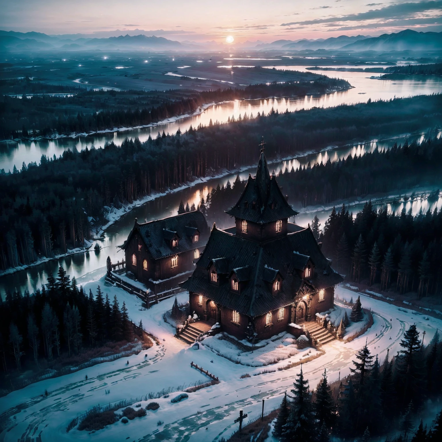 Aerial view from above taken directly from a drone,Big overlook,Extra long viewing angle,Imagine,sparse field,panoramic, Village in the forest,黑Village in the forest,Village in the Dark,village night,many houses,A dozen houses,Nine Houses,A medieval village,In the dark magic sunny forest,midnight,in the darkness,Dim Lights,Black sky,Mysterious continent,Many medieval houses,Dark style,Dark Enchanted Forest,The city center is a square,中心广场有个church建筑,村庄的中心广场上有一座church,religious building,church,There is a blood river flowing in the upper right corner of the map,There is a river of blood in the distance,The river water is deep red,Crimson River,A spooky cemetery on the edge of town,cemetery,Cemetery Cross,tombstone,,There is a gate on the left side of the city,(The great dark magic sprouted from the West:1.2), (There's black witchcraft in the air.:1.2), fire, ice and thunder, Dungeons & Dragons, Final Fantasy, Game Art, (Coherent architectural and exterior design, Has realistic proportions and textures, Intricate details, Hand Painted, Full of energy, theater lighting, masterpiece, 8K:1.2),world map,In the middle of the map is the Holy City