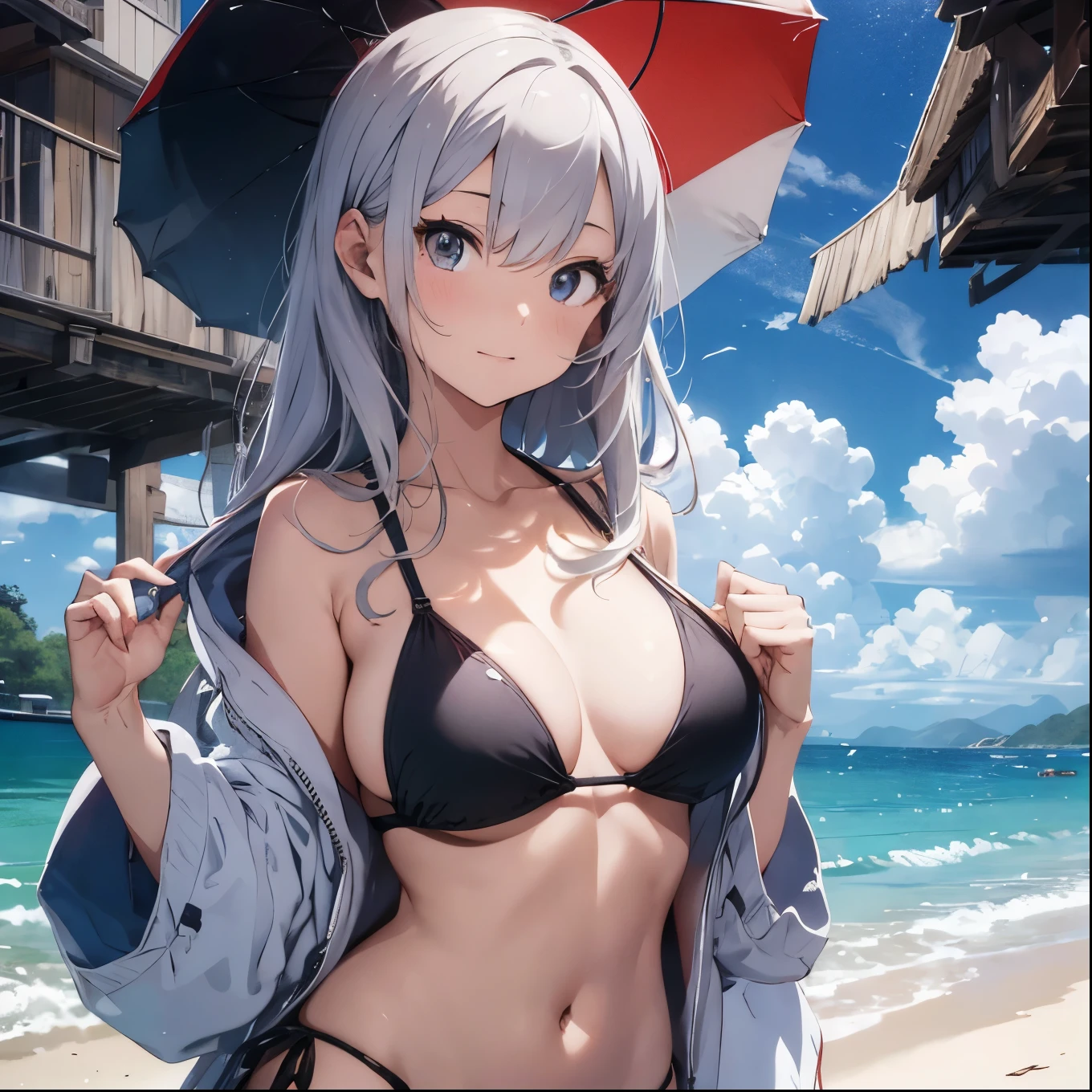 Silver-haired girl drawn in high resolution Japanese anime style、whole body、Women in red bikinis taking photos on a deserted beach, Bikini Model, , A young and cute gravure idol, Posing together in a bra, Russian and Japanese mix, sakimichan, Asian woman, Wear a swimsuit, that'that'that'that'that'that'that'that'that'that'that'that'that'that'that'that'that'that'It's hot with the shining sun, Japanese Model, Cute Core, sakimichan hdri, Young Gravure Idol, Chubby