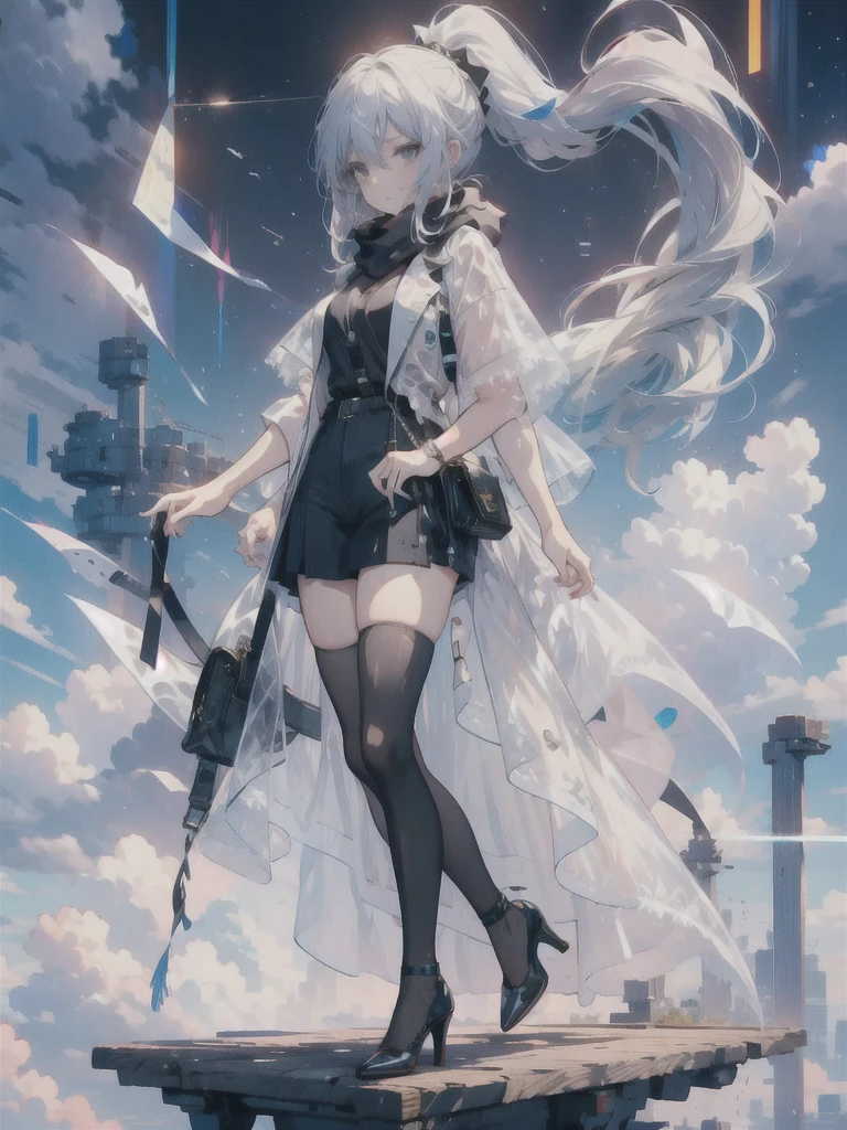 (masterpiece, best quality:1.2), 1 Girl, Solitary，High heel，Simple picture，黑色High heel，Dark black tights，Short skirt，White short top，girl,tress，ponytail，d cup,(long hair),ankle heels，jeans，Gray Eyes，contrail，coat，Scarf