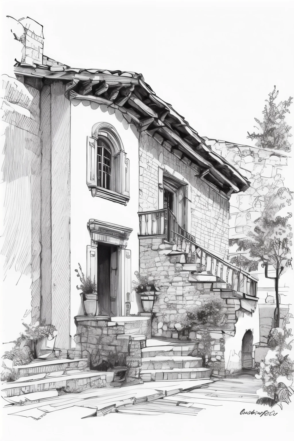 masterpiece,(best quality),detailed,sketch,landscape,houses,stairs,Trees,