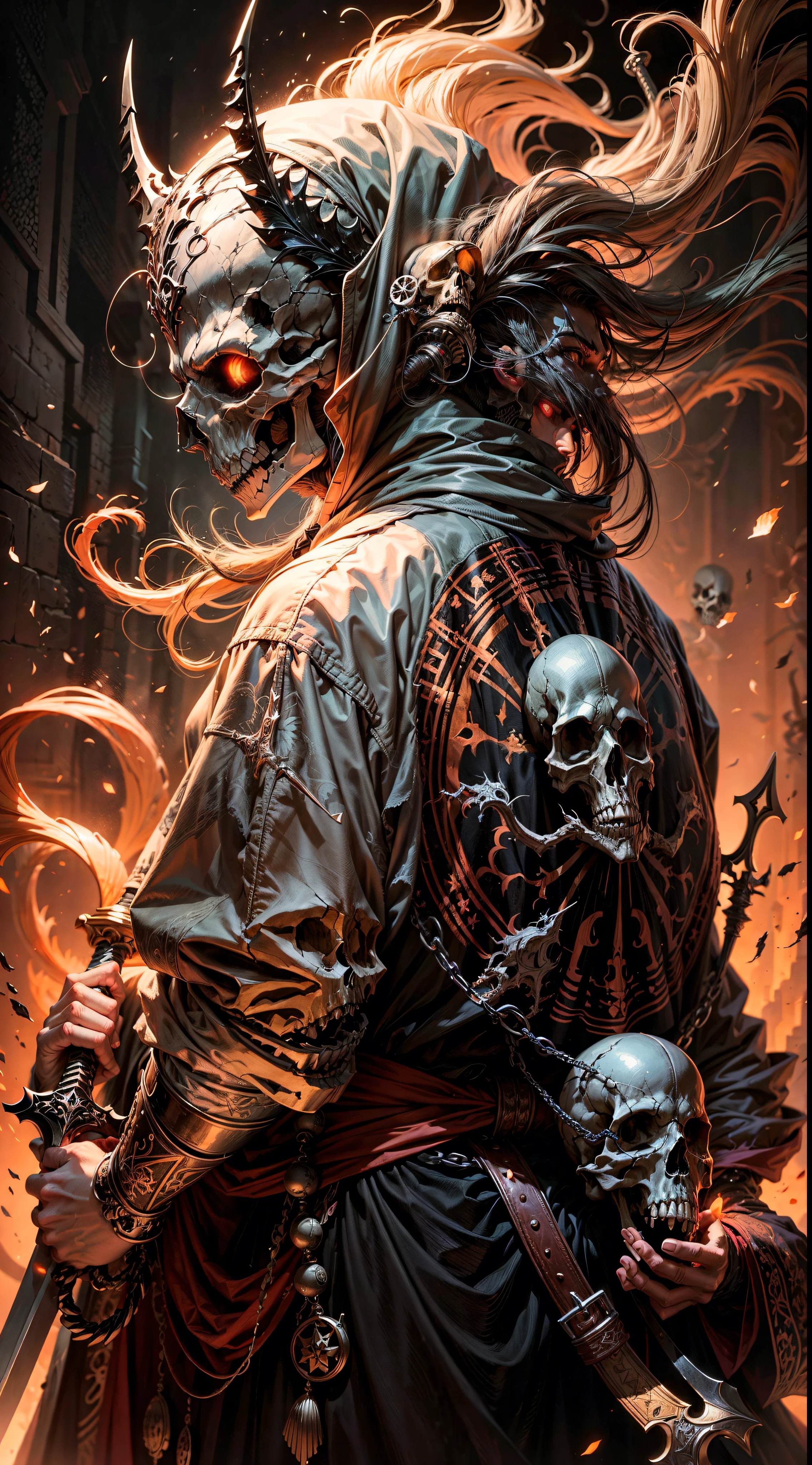 a drawing of a person with a sword standing in front of a bunch of skulls, beautiful male god of death, peter mohrbacher style, martin ansin, style of peter mohrbacher, portrait of the god of death, pete mohrbacher, dark cloaked necromancer, in style of peter mohrbacher, mohrbacher