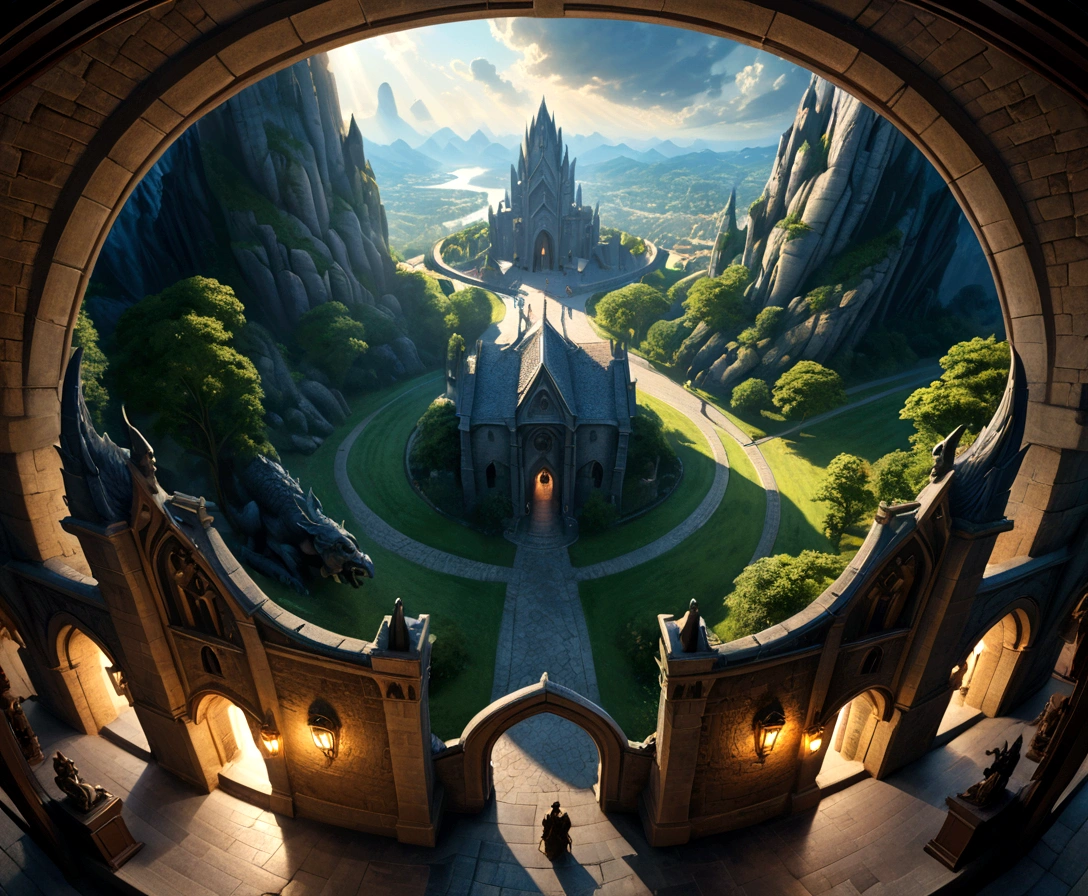 a view of fantasy medieval city, taken from the top of church of , at night, standing behind the statue of a gargoyle on the roof, 16K, ultra detailed, masterpiece, best quality, (extremely detailed), arafed, dnd art, god rays, cinematic lighting, glowing light, silhouette, from outside, photorealism, panoramic view (Masterpiece, intense details: 1.5) , Wide-Angle, Ultra-Wide Angle,