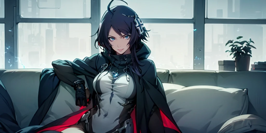 MC, ahoge, (long hari, purple hair:1.3), hair ornament, dark-blue eyes, anatomically correct, heavy breathing, huge breasts, breast press, solo, solo focus, masterpiece, best quality, 1girl, solo, grey hair, bodysuit, official bodysuit, cape, (hood:1.3), (detailed body, detailed face:1.5), (horizon:1.3), a woman in a black lingerie sitting on a couch in a room with a window and potted plants, transgressive art, cyberpunk art, Fan Qi, anime art, hollow eyes, bright pupils, dark-blue eyes, looking at viewer. glowing eyes heavy breathing, seductive smile, lips, 