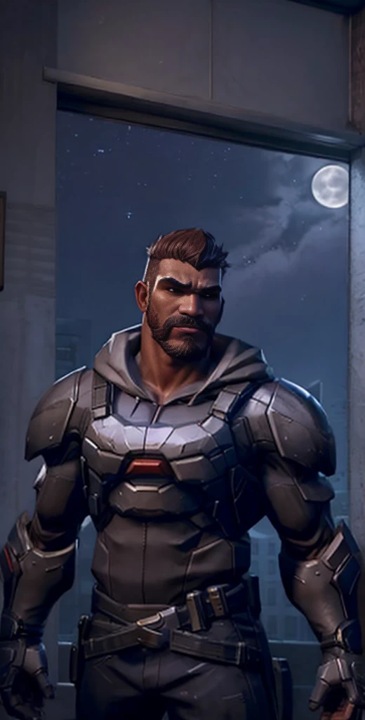 gabrielreyes, standing near window, armor, dual wielding, moonlight, corporate office, night, best quality, 