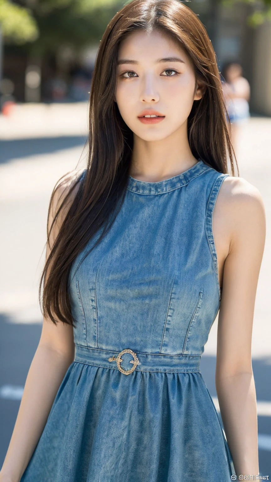 ((Best quality, 8K, masterpiece:1.3)),1girl,18 years old,Asian,Real texture:1.3,(Background blur:1.3),Gorgeous long dress,Tall and slender figure:1.2,(Hot summer weather),(street:1.3),Highly detailed face and skin textures,Exquisite eyes,Long eyelashes,Double eyelids,Skin Whitening,happy
