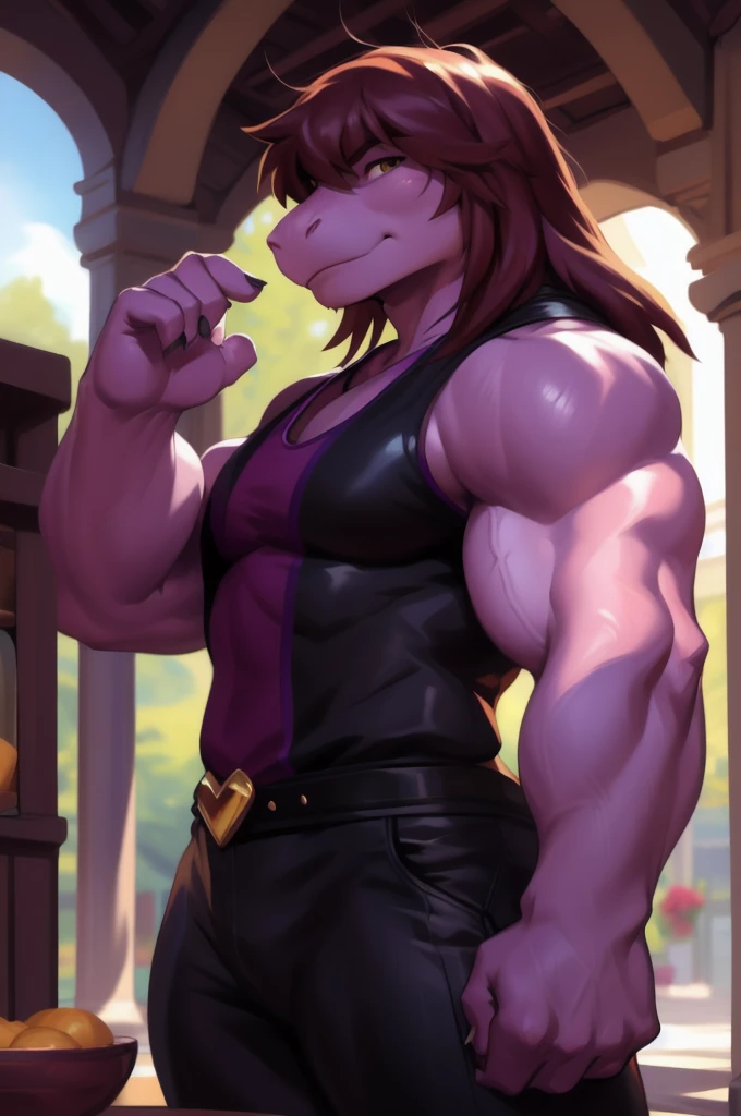 susie, susie deltarune, muscular, strong, plump, heavy, dragon, short stack, female, arnold schwarzenegger, bodybuilder pose uploaded on e621, (detailed background, depth of field), (intricate:1.1), (high detail:1.2), (soft focus), (masterpiece, best quality, 4k, 2k, shaded, absurd res), by CyanCapsule, by Chunie, by Hallogreen