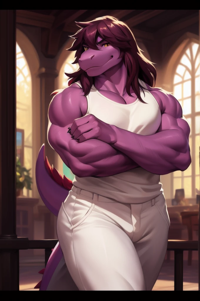 susie, susie deltarune, muscular, strong, plump, heavy, dragon, short stack, female, arnold schwarzenegger, bodybuilder pose uploaded on e621, (detailed background, depth of field), (intricate:1.1), (high detail:1.2), (soft focus), (masterpiece, best quality, 4k, 2k, shaded, absurd res), by CyanCapsule, by Chunie, by Hallogreen