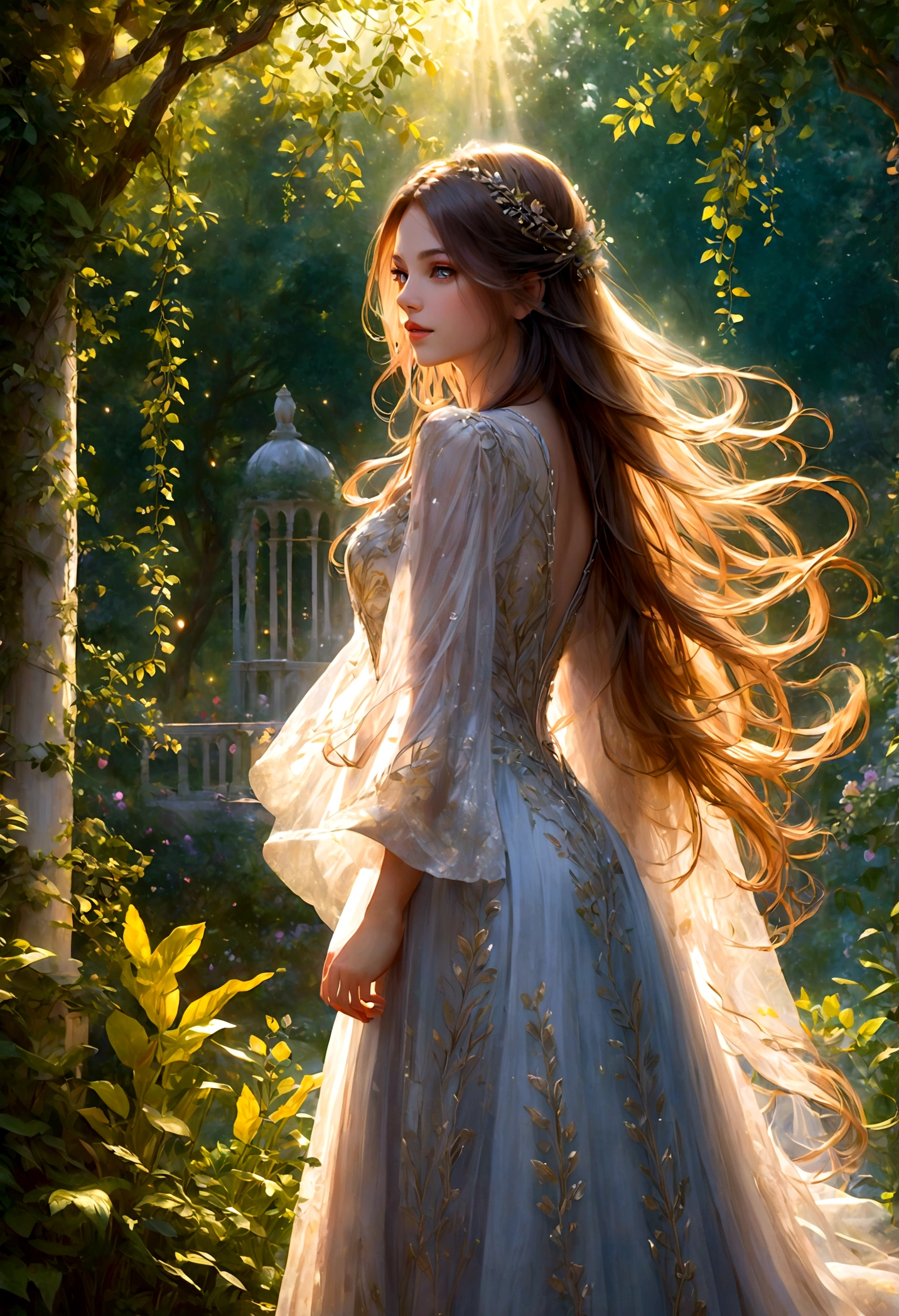 1girl, A woman in a garden, Back View, long flowing hair, delicate shoulders, intricate dress, sunlight filtering through trees, lush greenery, dreamy atmosphere, beautiful detailed face, beautiful detailed eyes, beautiful detailed lips, extremely detailed rendering, vivid colors, dramatic lighting, cinematic composition, fantasy art style, masterpiece, best quality, very aesthetic, absurdres