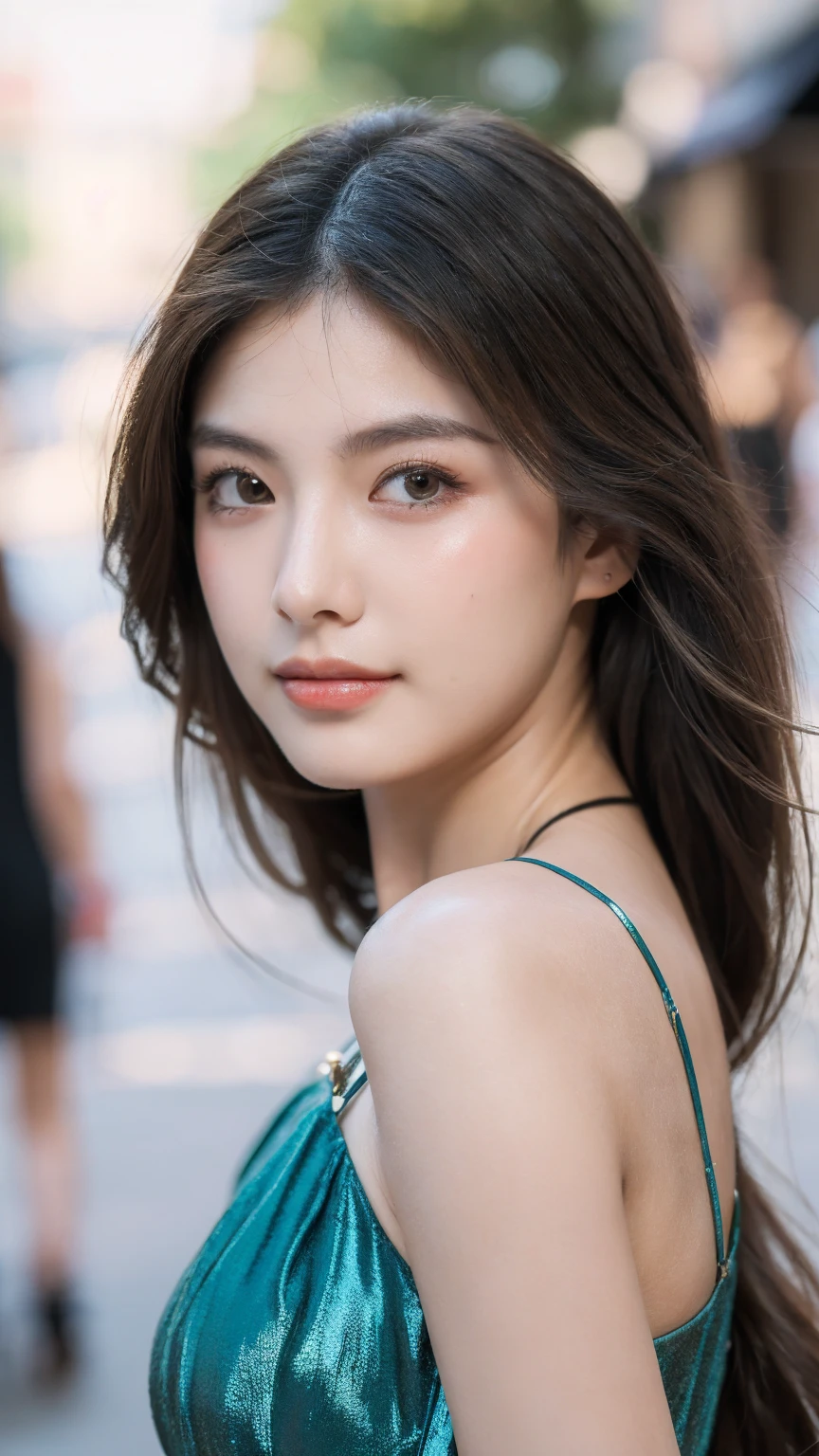 ((Best quality, 8K, masterpiece:1.3))，1girl，18 years old，Asian，Real texture:1.3，(Background blur:1.1)，Gorgeous long dress，Tall and slender figure:1.2，(Hot summer weather)，（street:1.3），Highly detailed face and skin textures，Exquisite eyes，Long eyelashes，Double eyelids，Skin Whitening，happy