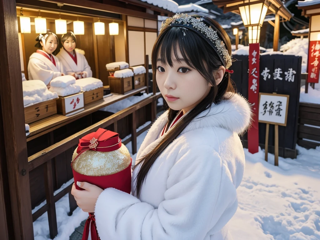 snow。furのコートを着た美しい日本の女性たちの写真。Traditional Japanese New Year Celebrations。着物の上にfurのコートを羽織った。Fisheye Lens、fur。Multiple women。