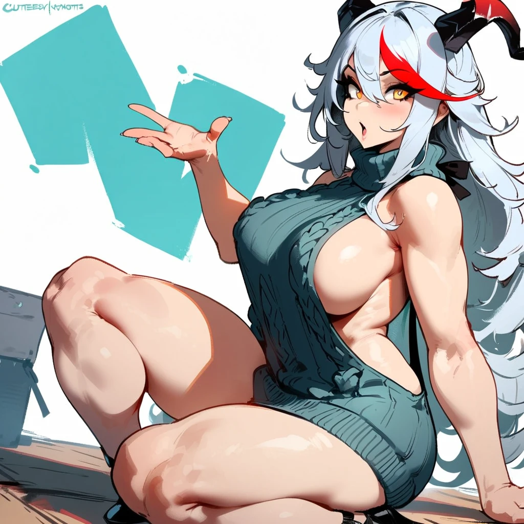 1girl, aegir \(azur lane\), azur lane \\\\\ masterpiece, best quality, very aesthetic, absurdres, newest \\\\\\ perfect anatomy, slim body, ,perfect hands, , , \\\\\\ by nyantcha,,by cutesexyrobutts,by khyle ///// white background, , , silvery white hair with a single prominent red streak , black horns, , virgin killer sweater, yellow eyes, drunk,, , big tits,,, heels,sit on floor,splash art