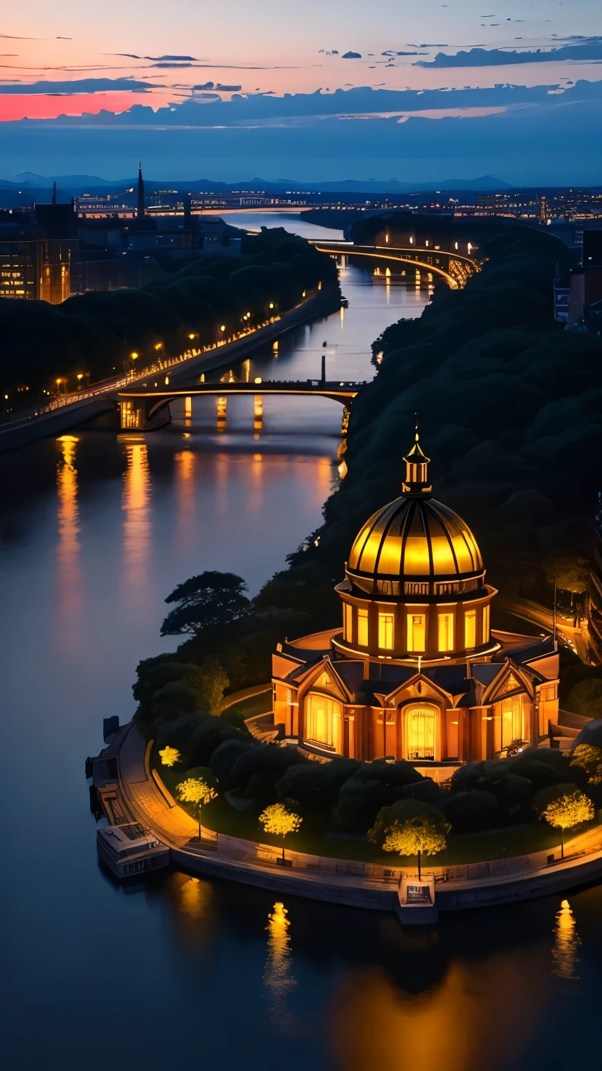 As the sunset sky spreads、Beautiful buildings along the river are lit up。In the center is a magnificent building with a large dome.、There are magnificent buildings all around.。The lights of the city shine across the river.、The overall view is fantastic and beautiful.。
