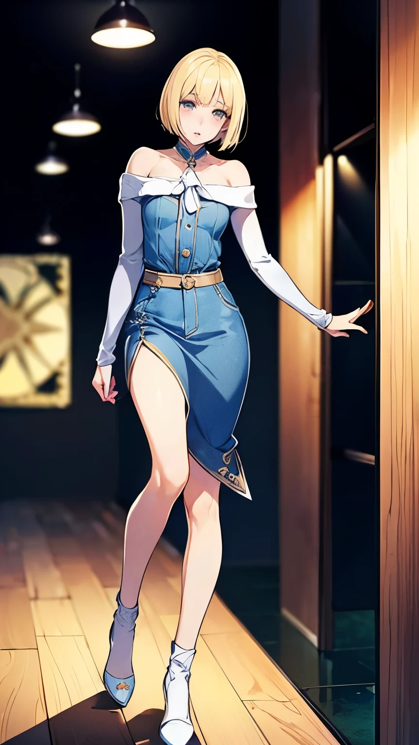 denim、((Arms are lowered:1.4))(manga:1.4),(full body:1.4),full body shot, srandeing,Very detailedな CG Unity 8k 壁紙, highest quality, Very detailed, masterpiece, Realistic:1.2 , Platinum dark blonde bob cut hair , perfect sexy body , Anatomically correct ,Very detailedなセクシーな魅惑的な官能的な超ホットな女の子, Age 25, Round eyes,Focus on your audience, blush, Lips parted,,Off the shoulder、Half Open, Bright lighting atmosphere ,Top Angle , A satisfied look at the ??????, Open your mouth、、Heel、nail