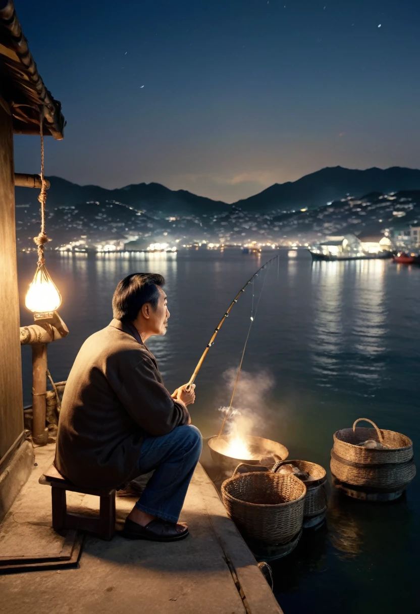 Real person real presentation.Handsome oriental middle-aged man.He squatted by the harbor.looking at the sky.Fishing fires lit up in the distance at night.light a cigarette.Light smoke escapes from the nostrils into the air.It’s like I can’t express my thoughts.Describes a rural scene,Radiate sweetness、Romantic atmosphere。Adding rustic romantic charm。
