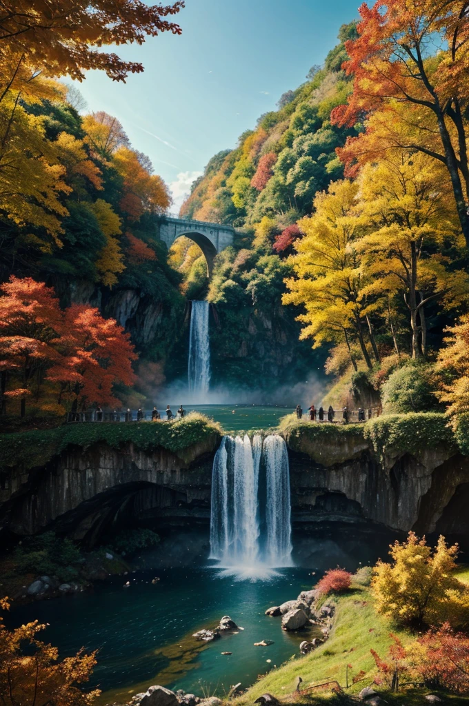 A stunning fantasy landscape with a flowing waterfall, lush greenery, and vibrant autumn colors. Two people are walking across a bridge overlooking the breathtaking scene. Prompt: A highly detailed, photorealistic fantasy landscape scene with a flowing waterfall, dense forests, and colorful autumn foliage, in the style of Hayao Miyazaki, Ekaterina Panikanova, and Felicia Simion, 8K resolution, cinematic lighting and composition.