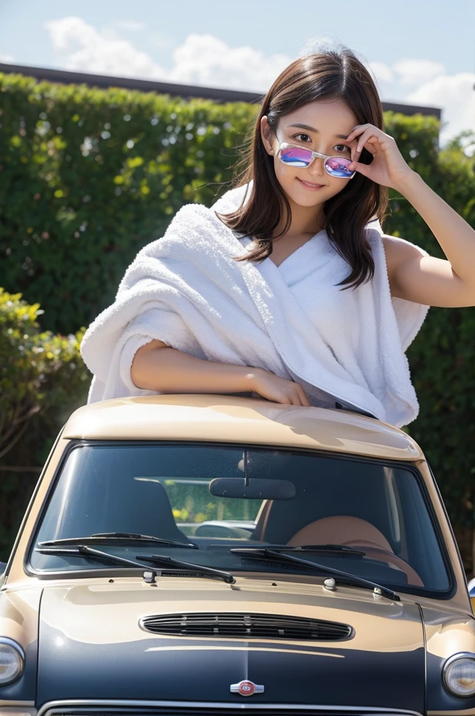 Cover your face with a towel、Woman driving a miniature car