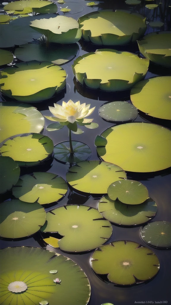 A masterpiece of exquisite beauty. Monet's water lilies, Deep in the Lotus Pond (rich and colorful, vivid, Sunlight, Cold Light: 1.2), There are several lotus leaves in the pond. The lotus leaf texture is clear. morning sun, Butterfly, Leave blank