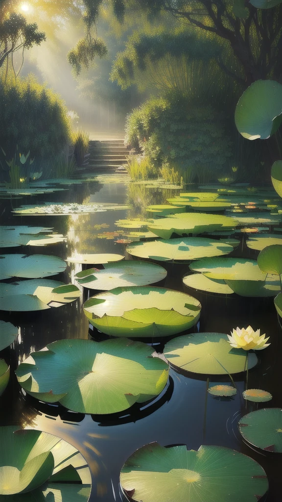 A masterpiece of exquisite beauty. Monet's water lilies, Deep in the Lotus Pond (rich and colorful, vivid, Sunlight, Cold Light: 1.2), There are several lotus leaves in the pond. The lotus leaf texture is clear. morning sun, Butterfly, Leave blank