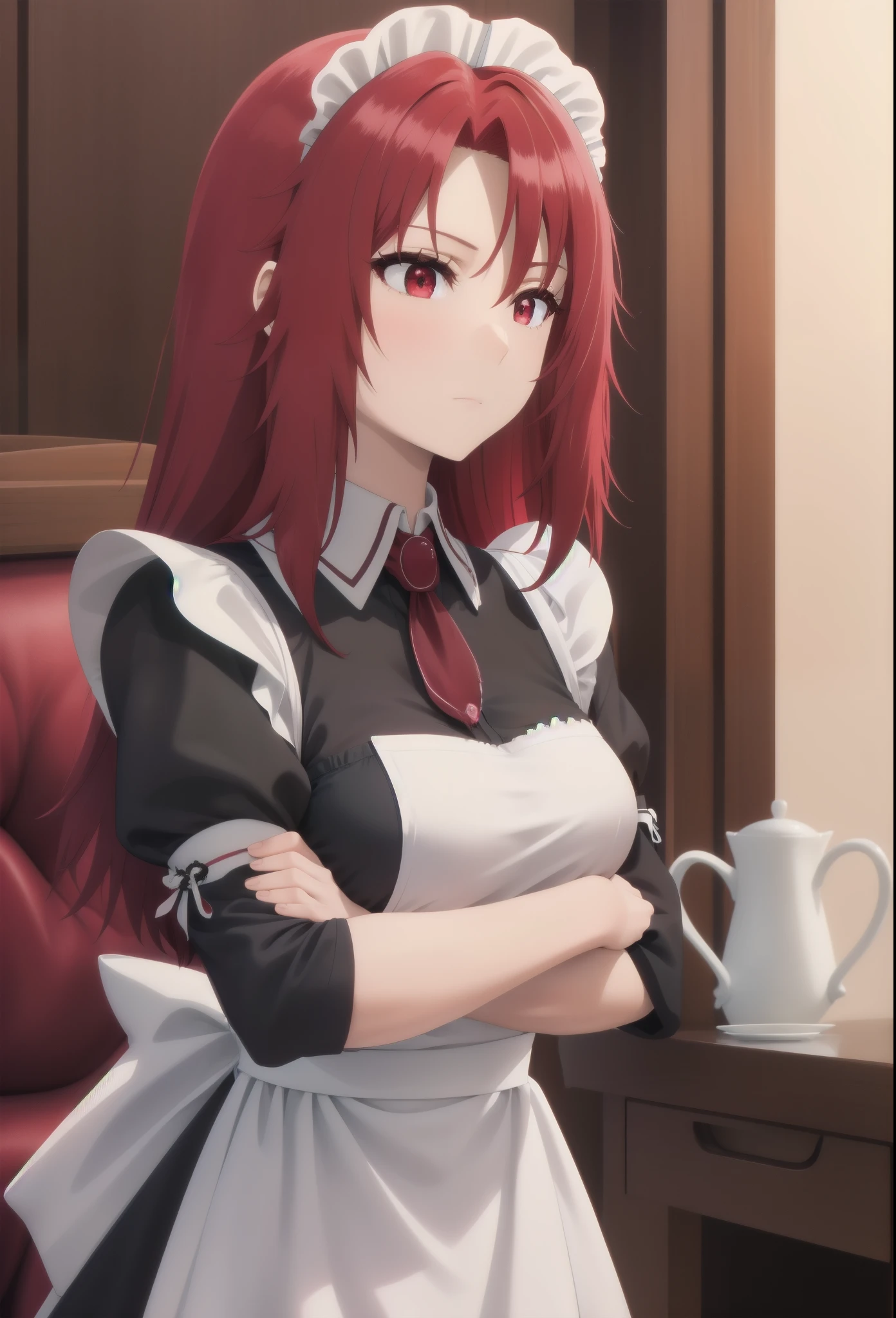 best quality, red hair,red eyes,masterpiece, highres, solo, (maid:1.40), (long maid dress:1.15), anime_style, 14
