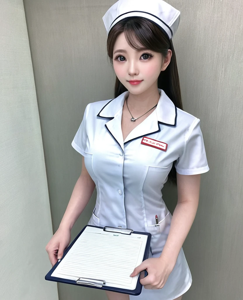 Full body portrait、Young and very beautiful nurse in sexy tight and revealing nurse uniform、Big breasts that seem to burst out of the nurse uniform、Highly detailed facial features、Long eyelashes、Thick lips、Beautiful Eyes、Perfect Skin、Ideal proportions、Nurse cap、Holding a medical clipboard、Captivating look、Photorealistic、8k、Super detailed、Cinematic lighting、Dramatic Shadows、Warm tones