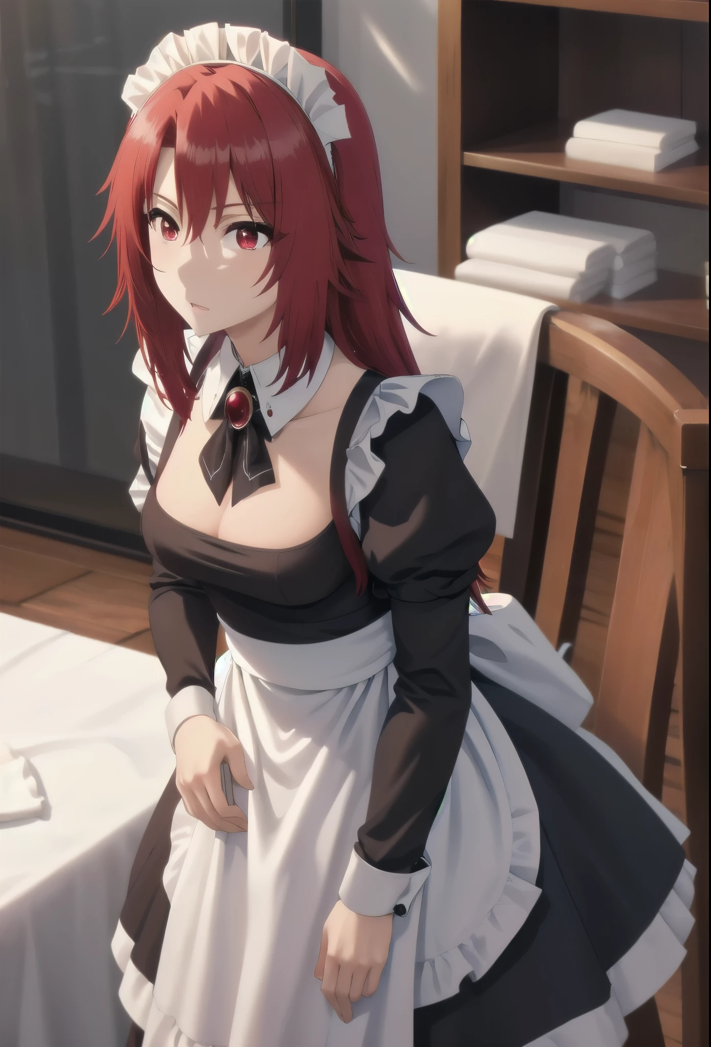 best quality, red hair,red eyes,masterpiece, highres, solo, (maid:1.40), (long maid dress:1.15), anime_style, 14