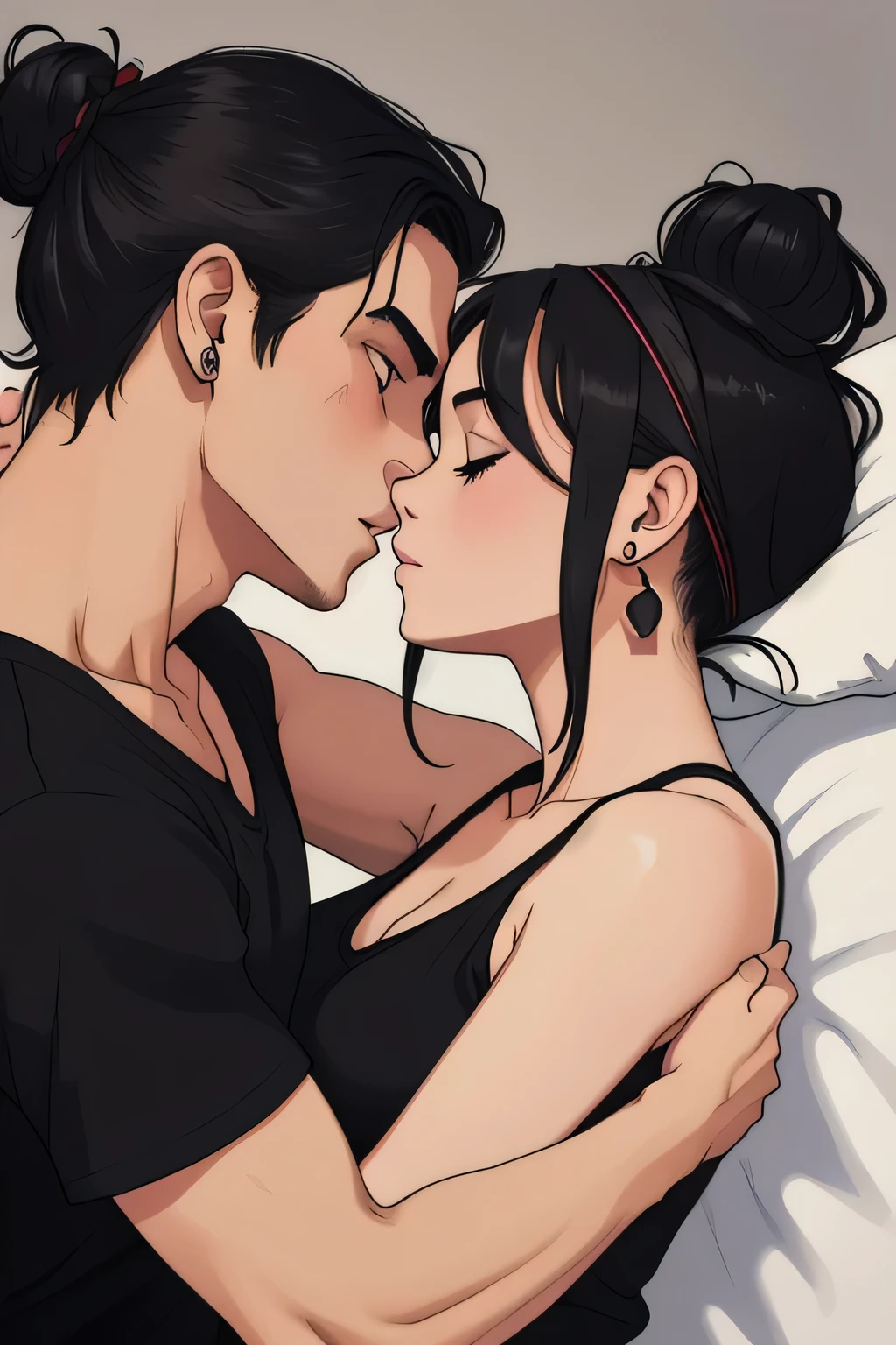 Amazing portrait of a sexy woman with her messy bun hair tied in a black hairband wearing alluring earrings and black v-neck t-shirt kissing and making out passionately with a shirtless boy on the bed in an intimate setting