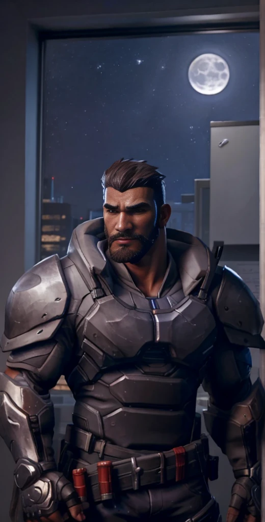 gabrielreyes, standing near window, armor, dual wielding, moonlight, corporate office, night, best quality, 