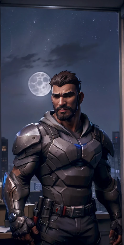 gabrielreyes, standing near window, armor, dual wielding, moonlight, corporate office, night, best quality, 