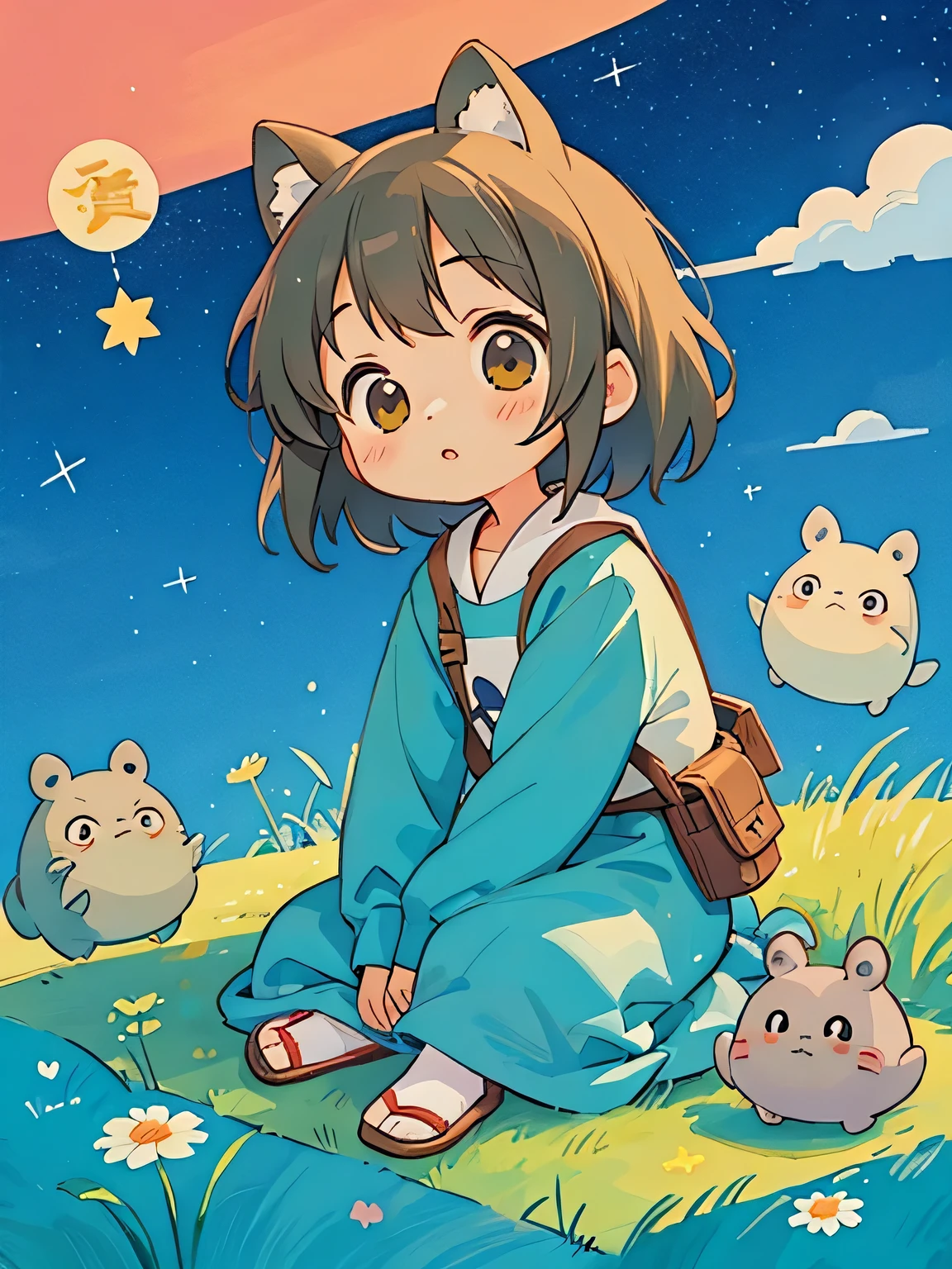 Hayao Mayazaki style, Kawaii Design, The most beautiful girl of all time、Chibi, Sit down and look up at the night sky, totoro, Star of the sky