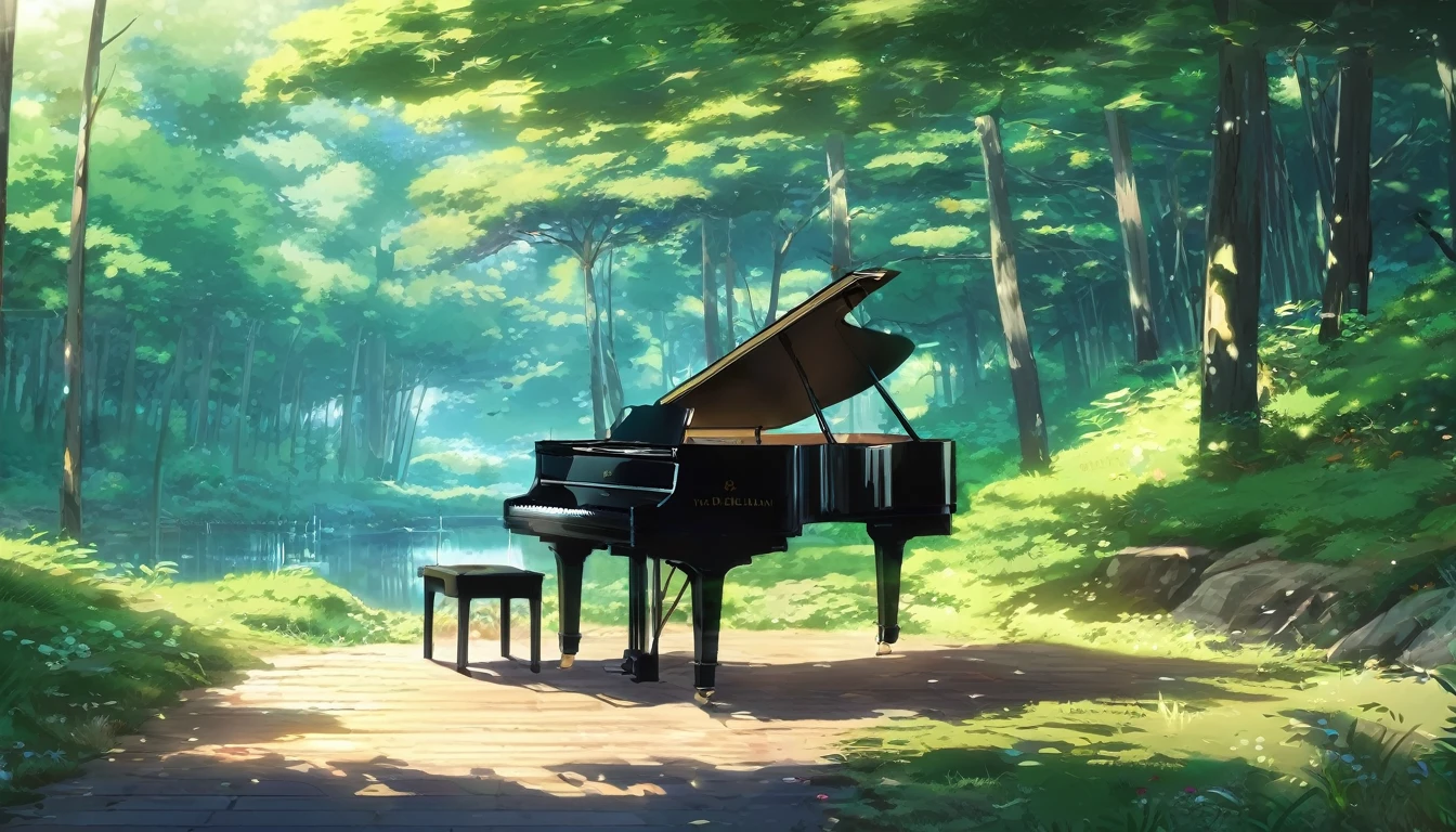 青い紅葉のwoodの下置かれた黒いグランドピアノ、wood々の間からwood漏れ日がキラキラしている、Makoto Shinkai-style anime touch、Deep green forest、1 grand piano