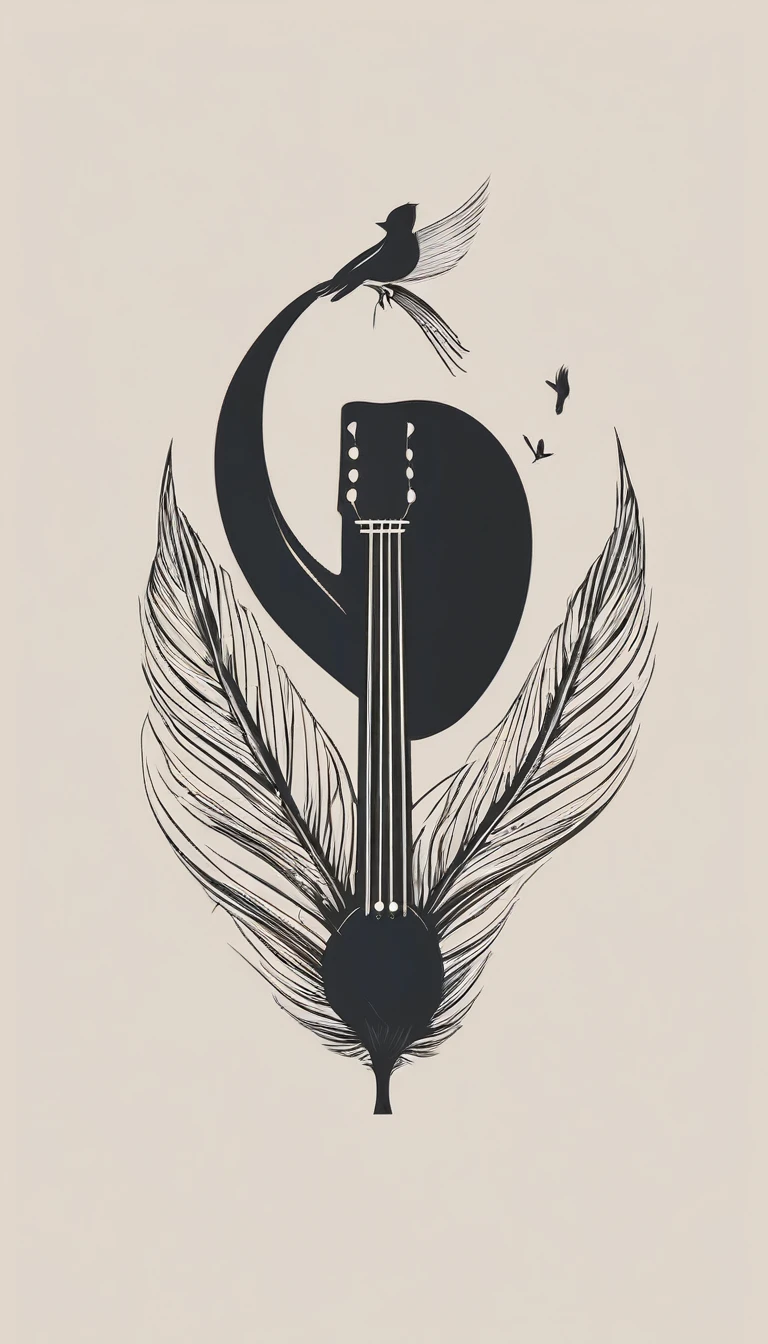 A minimal, modern, simple, cinematic logo design for the brand “Penamemoria". The logotype must be a boy playing acoustic guitar alongside a bird and a feather. The logo must convey a sense of music, stories and dreams. Minimalistic logo of a boy playing acoustic guitar and dissolving into a feather