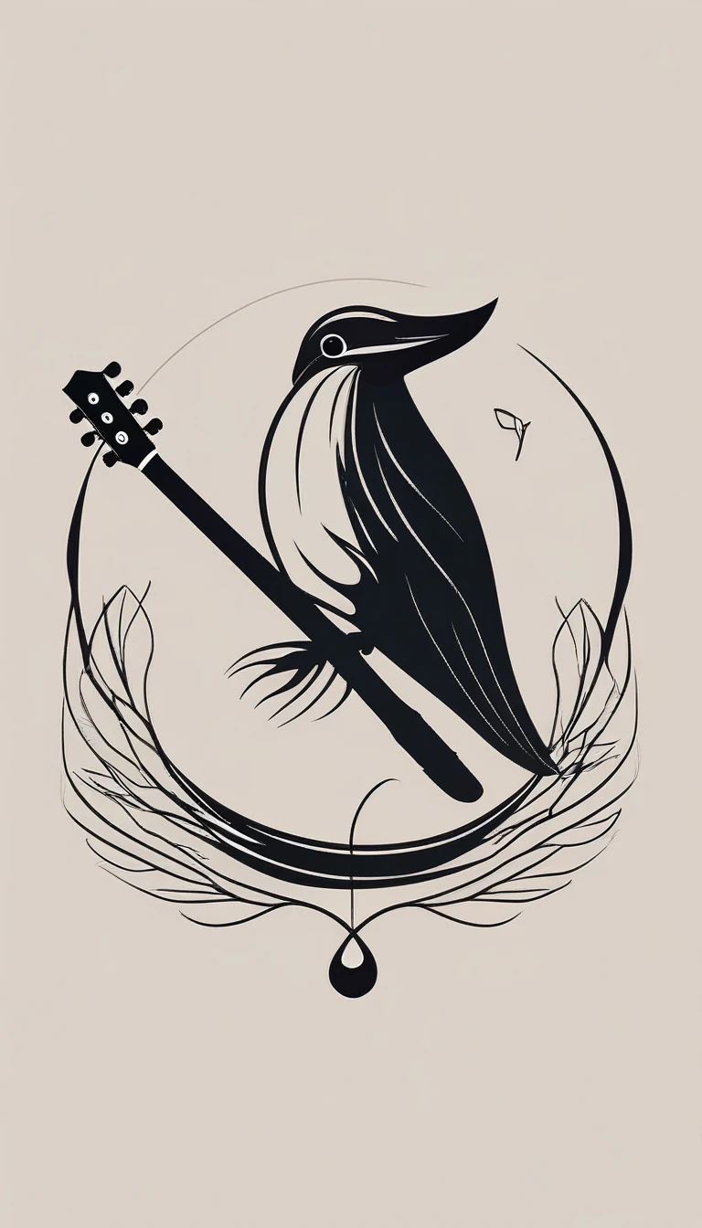 A minimal, modern, simple, cinematic logo design for the brand “Penamemoria". The logotype must be a boy playing acoustic guitar alongside a bird and a feather. The logo must convey a sense of music, stories and dreams. Minimalistic logo of a boy playing acoustic guitar and dissolving into a feather
