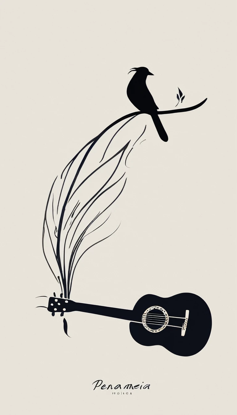 A minimal, modern, simple, cinematic logo design for the brand “Penamemoria". The logotype must be a boy playing acoustic guitar alongside a bird and a feather. The logo must convey a sense of music, stories and dreams. Minimalistic logo of a boy playing acoustic guitar and dissolving into a feather
