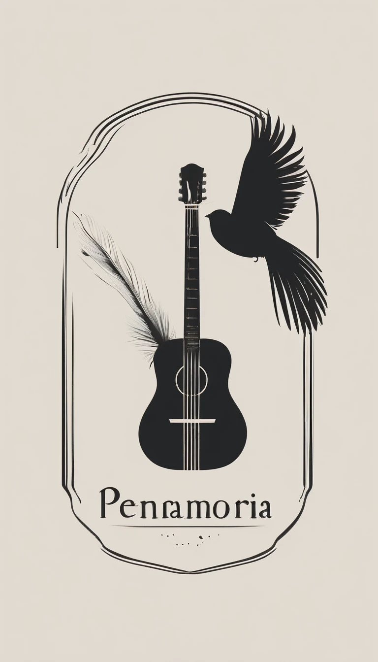 A minimal, modern, simple, cinematic logo design for the brand “Penamemoria". The logotype must be a boy playing acoustic guitar alongside a bird and a feather. The logo must convey a sense of music, stories and dreams. Minimalistic logo of a boy playing acoustic guitar and dissolving into a feather