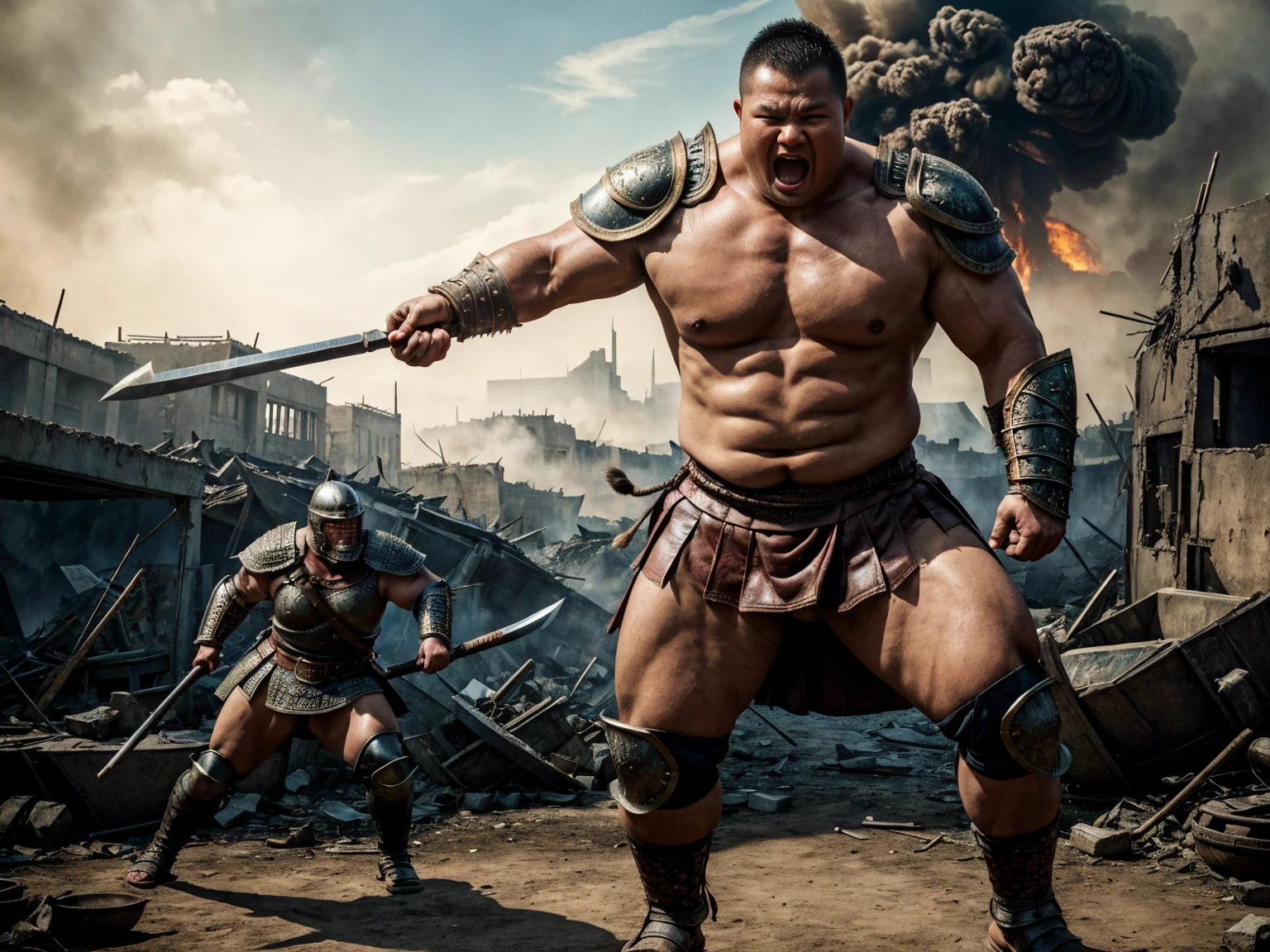 looking at us, Staring Intently, face focus, Bandit, Fat ferocious barbarian:2, This barbarian is a robust stocky Japanese, smirking, mid combat, intense battle scene, leather and iron armor, armored short skirt, holding a Viking War Axes, legs exposed from thighs to feet, fierce warriors, ancient battlefields, epic showdown, battleground background, masterpiece, volumetric lighting, Dramatic, Uighur the Warden, breathtaking action, A brutal scene, dynamic poses, bald, ((ultra sharp)), ((masterpiece)), ((best quality)), ((ultra detailed)), ((intricate details)), Inguinal region detailed, Dilapidated, breathtaking action, destroyed city after big air raids, fire, A desolate, post-apocalyptic cityscape, lets out a yell, extremely intricate details, ominous landscape, He is ejaculating semen,