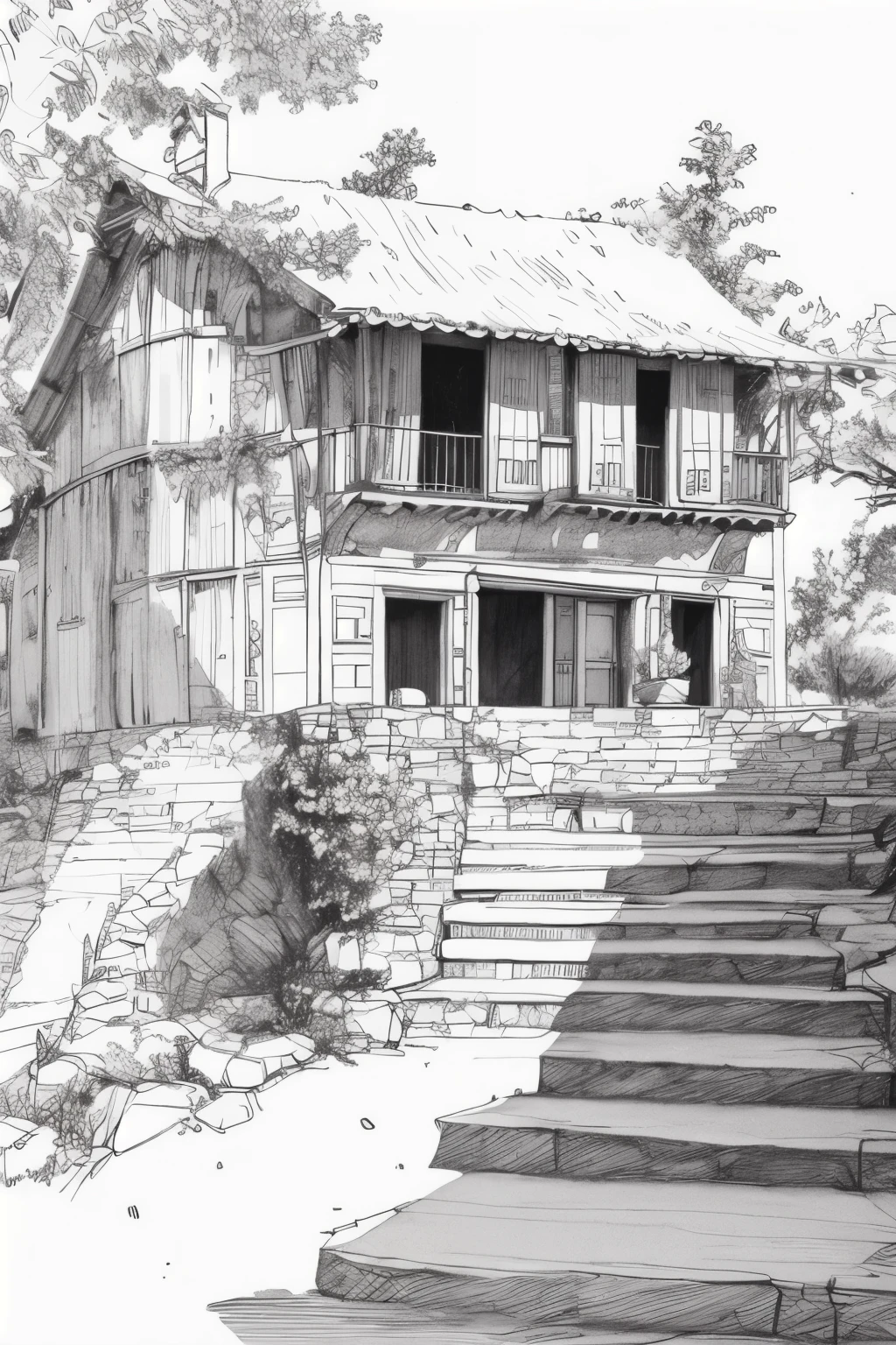 masterpiece,(best quality),detailed,sketch,landscape,houses,stairs,Trees,
