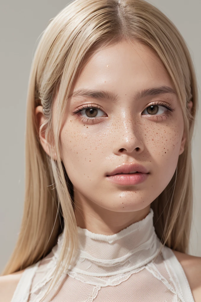 A few light-colored freckles irregularly distributed on the cheekbones