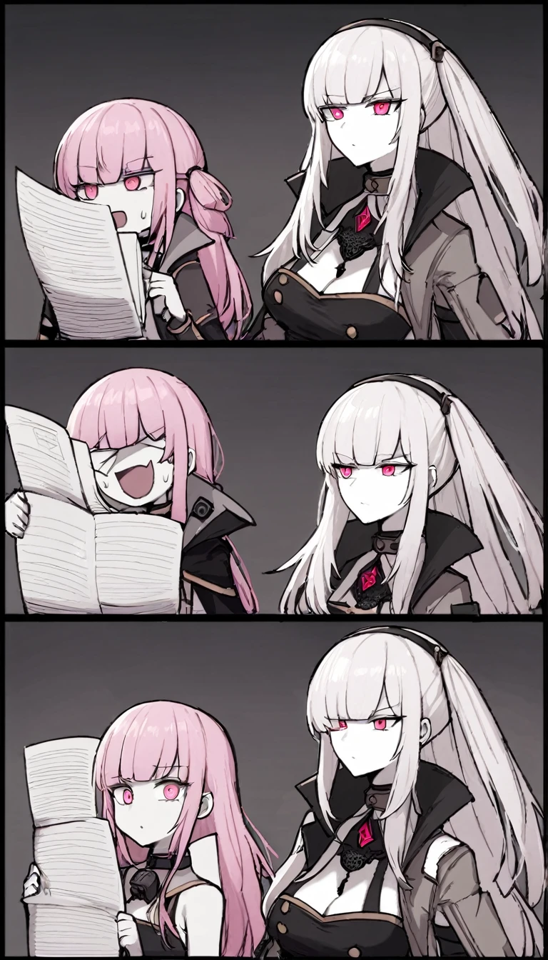 {darkest_dungeon:1.4}, {papers,_please:1.4}, {arknights:1.4}, {mori_calliope, pink_hair, long_hair, blunt_bangs, pink_eyes}, negative: {split_screen}, {b&w}