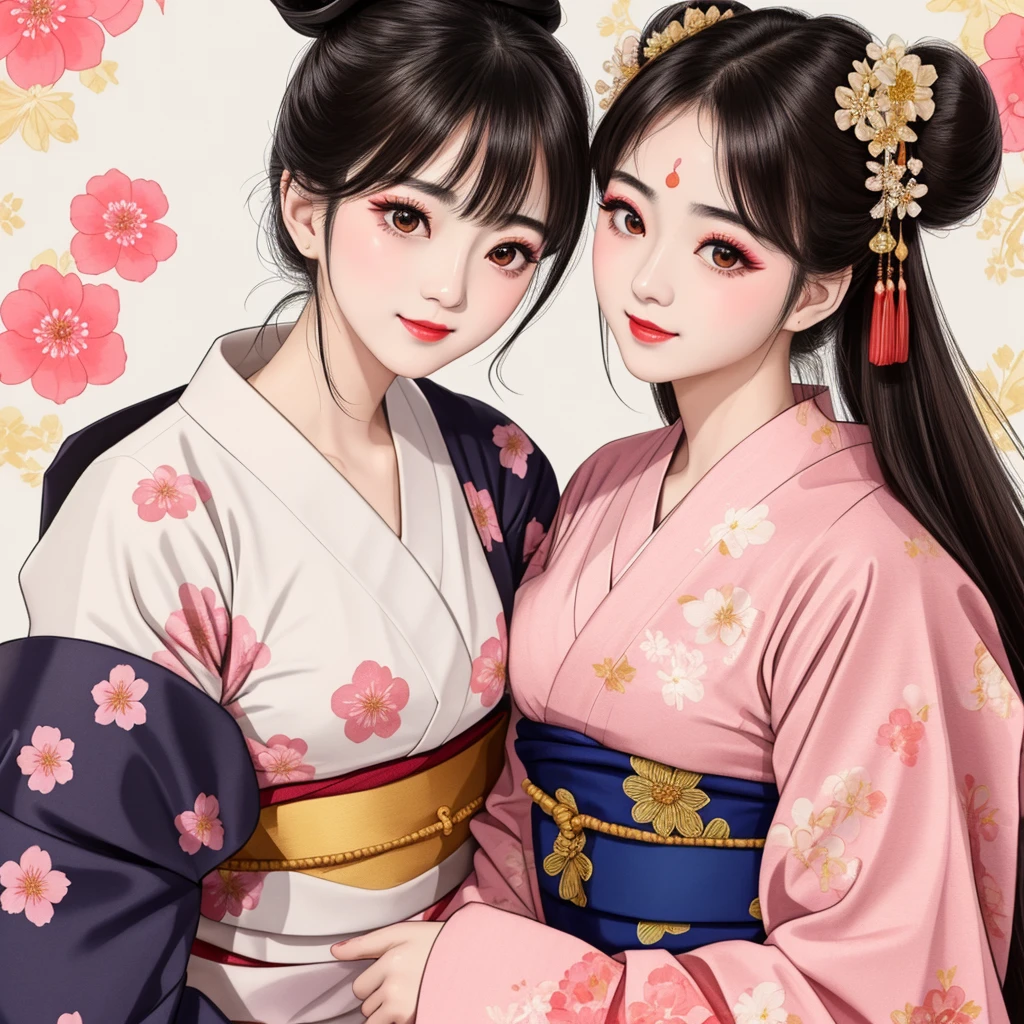 Each has a different expression2People and sisters、(2 girls)、⦅Dancing traditional arts with grace)、((Big Breasts、Small Face、Not exposed))、highest quality、masterpiece、(Black Hair、Bun Hair)、Brown Eyes、⦅Wide angle、Angle from above the waist、雑誌の表紙のPause、Their gazes are different, gazing into the distance⦆、(8K High Quality、masterpiece、High resolution、Realistic and beautiful light and shadow、(highest quality)、(High Resolution)、(Very delicate and beautiful)、(Beautiful 8k face)、(With a smile、Beautiful eyes)、(Clear skin)、(Soft hair)、(8Head to Body)、(A Japanese style yukata kimono with red, pink and orange floral patterns on a white background, interspersed with gold powder、Wearing a yukata2Beautiful Japanese girls)、((Tanabata decoration background))、((Small Face))、(arms up)、Thin and small nose、(Red lipstick)、(Make your cheeks red)、(Glossy skin)、((Ink painting style))、Very thin eyebrows、Overall ultra-high image quality、(She is wearing maiko-style makeup.)、Whitening、Long and beautiful eyelashes、Glowing Skin、(Red cheeks),Straight nose、masterpiece、highest quality、whole body、 Eyebrows visible through hair、Bun Hair、Grin、Gal、コGal、Viewer's Eyes、Plaid、Stylish、woman、fine、Pause、
Waiting to start