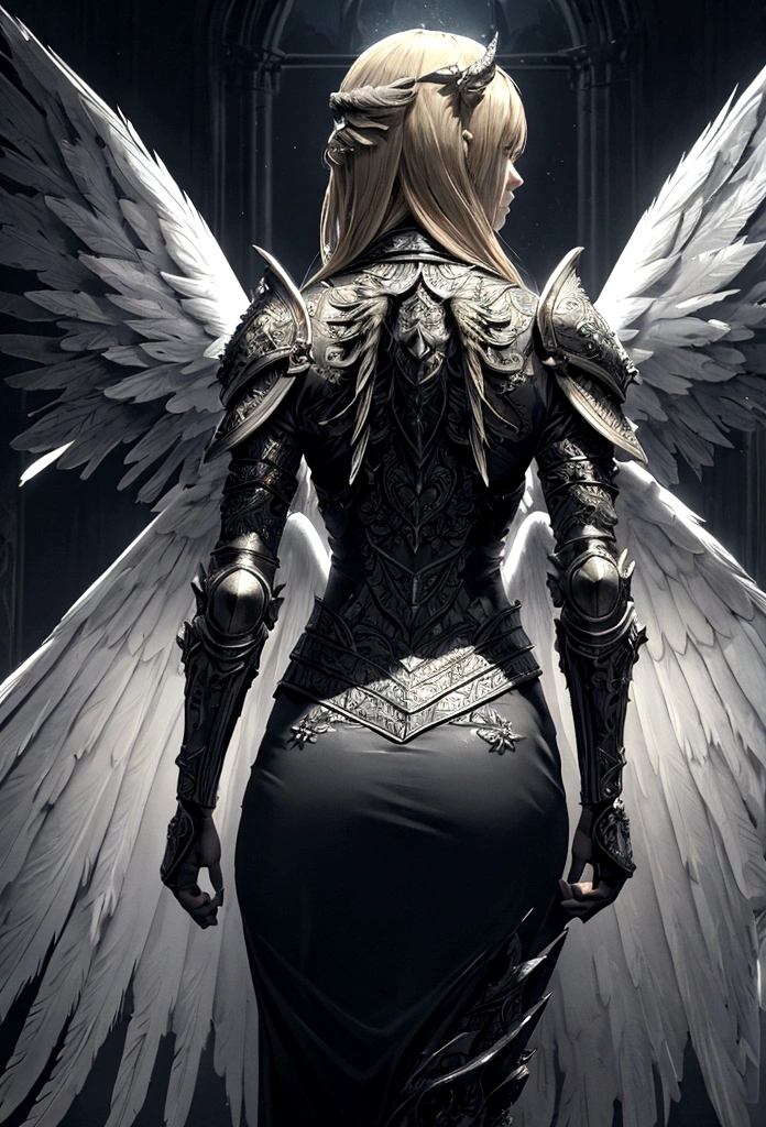 a shot (taken from the rear: 1.5), 16K, ultra detailed, masterpiece, best quality, (extremely detailed), arafed, dnd art, portrait, full body, aasimar, female, (Masterpiece 1.3, intense details), female, paladin, holy warrior, spread large feathered wings, (wings sprouting from the back: 1.3), majestic wings, white angelic wings spread (Masterpiece, intense details: 1.5), moon light, moon, stars, clouds, holy symbol, armed with sword, short blond hair, dark fantasy cemetery background, anatomically correct (Masterpiece 1.3, intense details), angel_wings, determined face, god rays, cinematic lighting, glowing light, silhouette, from outside, photorealism, panoramic view (Masterpiece 1.3, intense details) , Wide-Angle, Ultra-Wide Angle, 16k, highres, best quality, high details, armored dress
